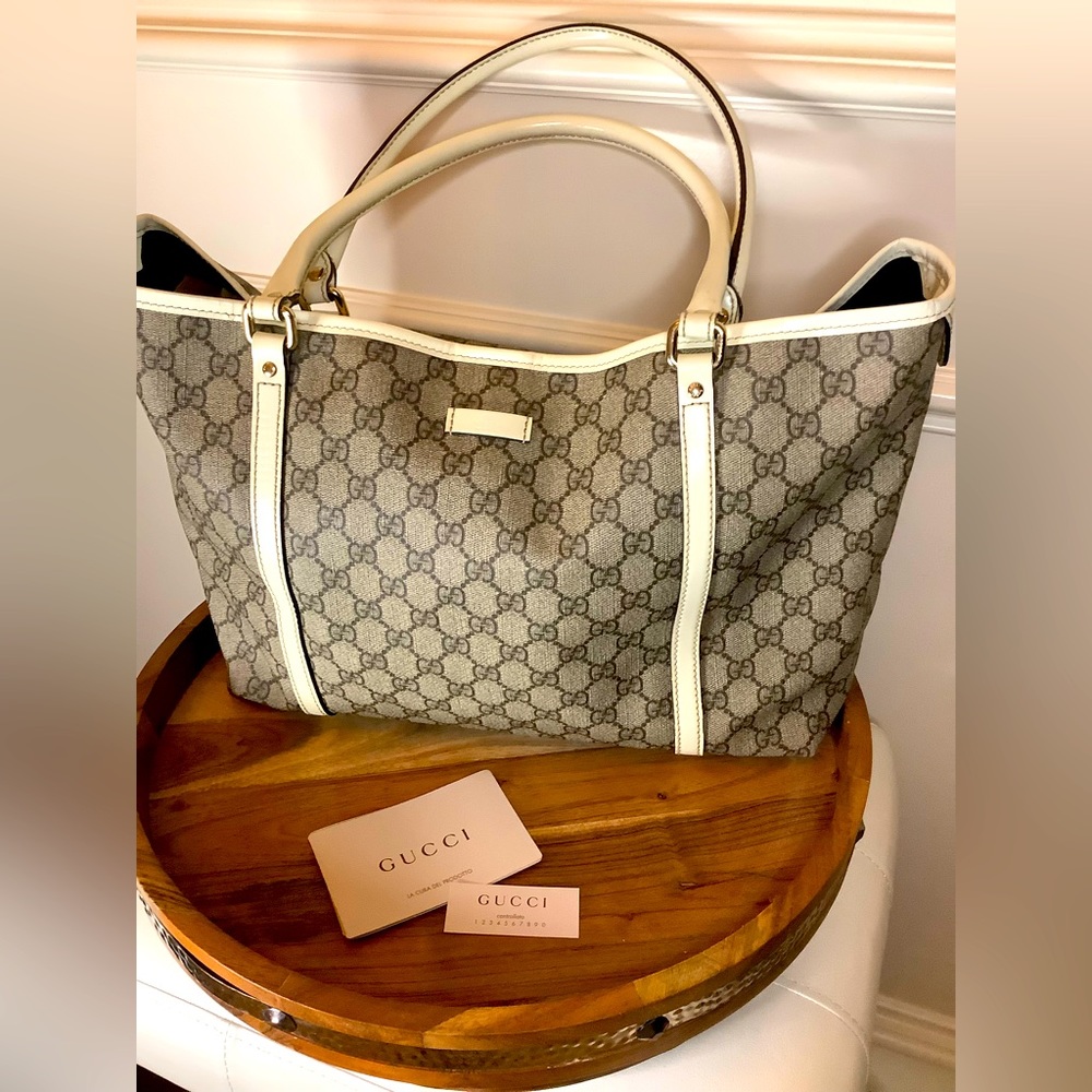 GUCCI Monogram GG SUPREME Joy Tote, Brown Coated Canvas with Ivory Leather Trim